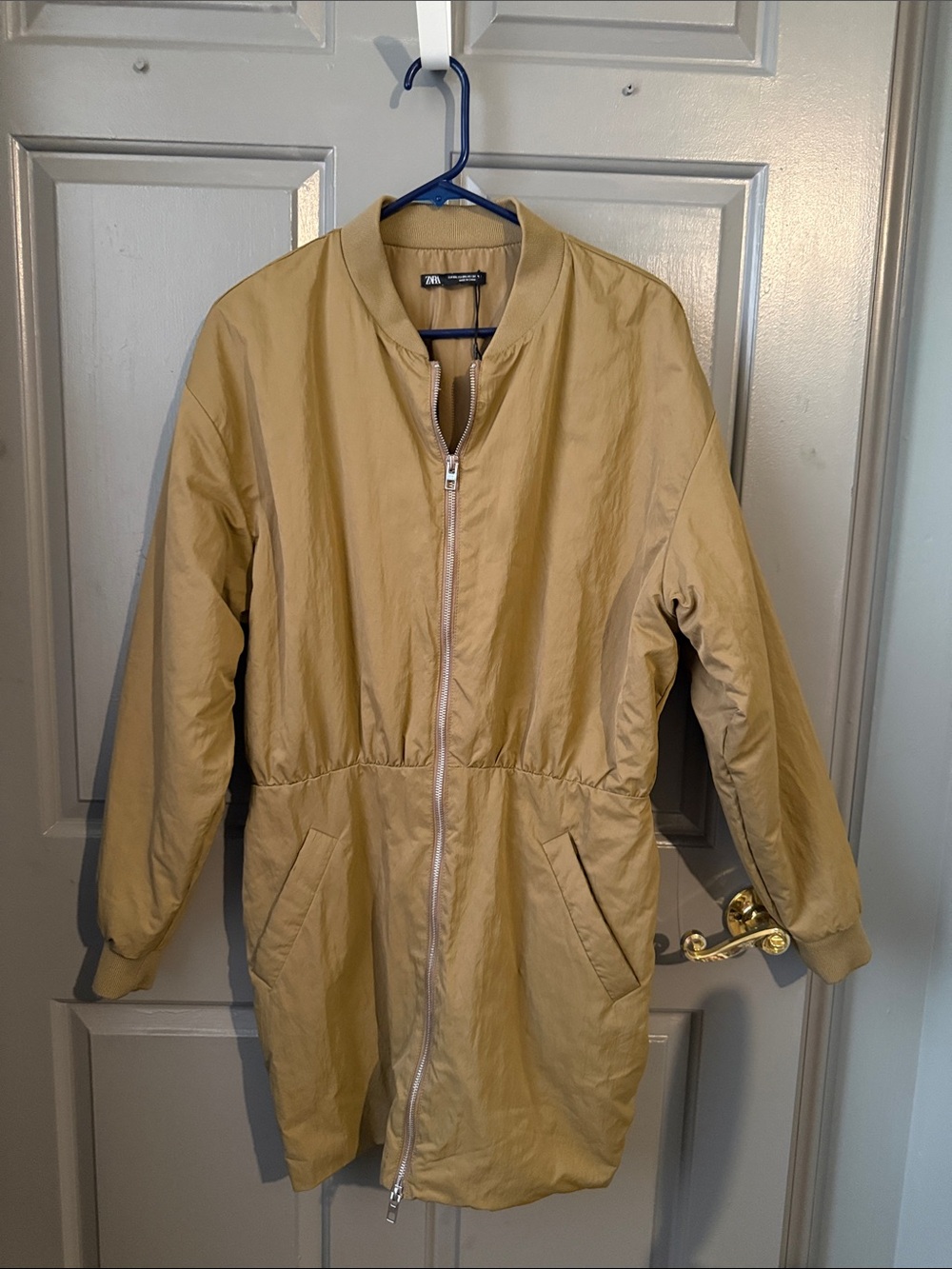 Zara Long Bomber Jacket in Beige
